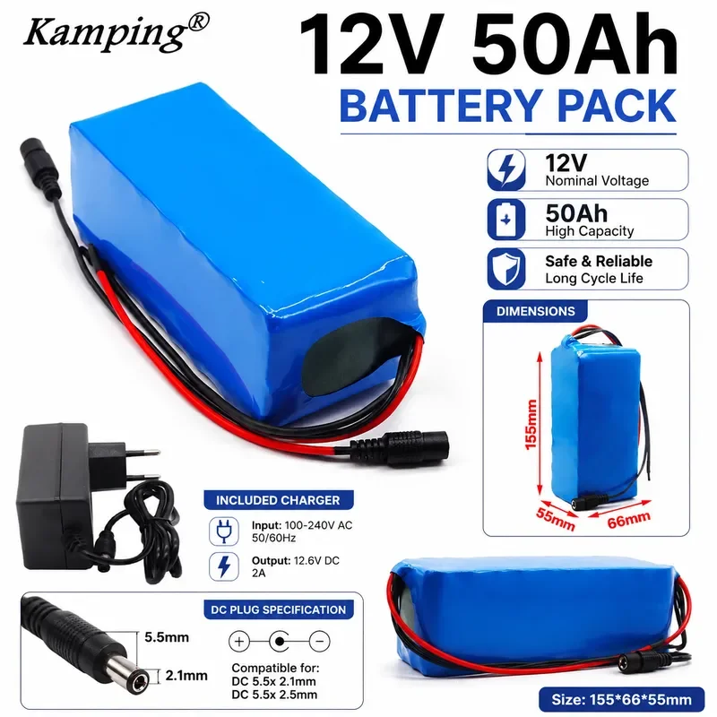12V 50000mAh 18650 Lithium Battery Pack with Protection Board for Inverter Miner Includes 12.6V Charger High Capacity Power