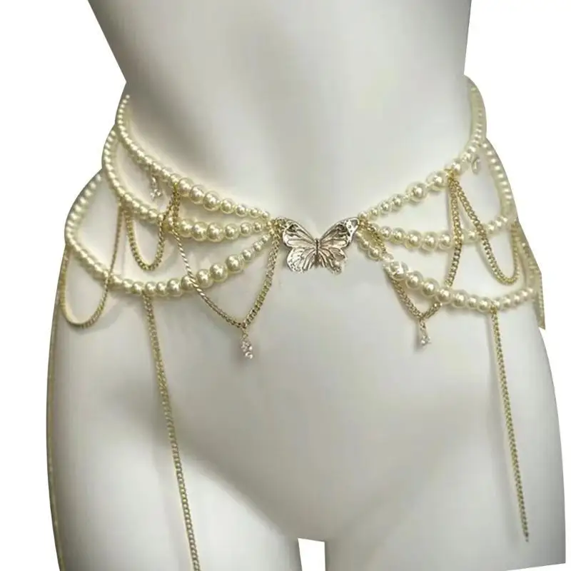 

652F Fashionable Women's Tassels Floral Pearls Waist Chain Decorative Multilayer Body Chain Belt Jewelry Accessory Gift