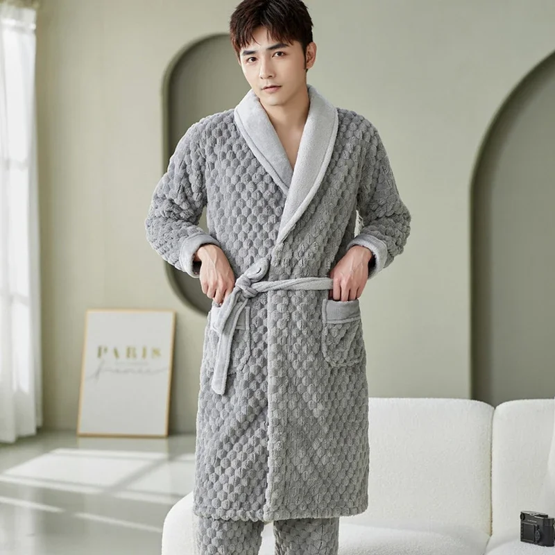 

Autumn Winter Men's Robe Trouser Pajamas Set Flannel Nightwear Loungewear Coral Fleece Warm Sleepwear Casual Loose Home Clothes