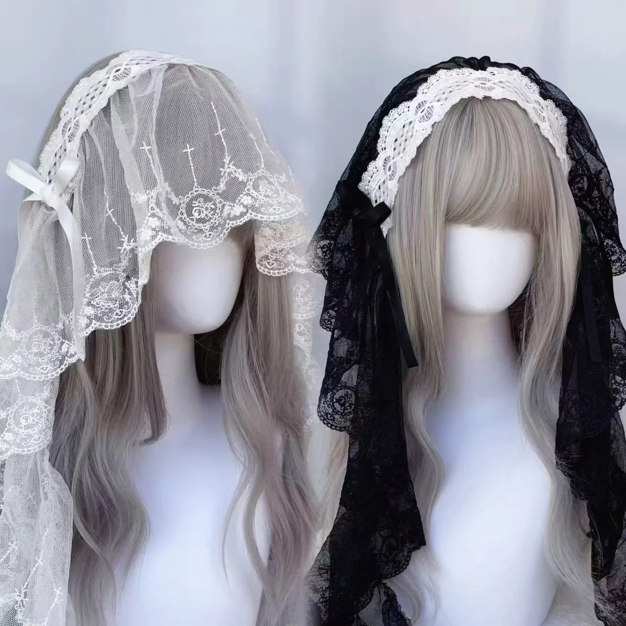 Gothic Harajuku Lolita Black and White Lace Headband Women's Veil Cosplay Headwear Female Sweet Halloween Hair Accessory
