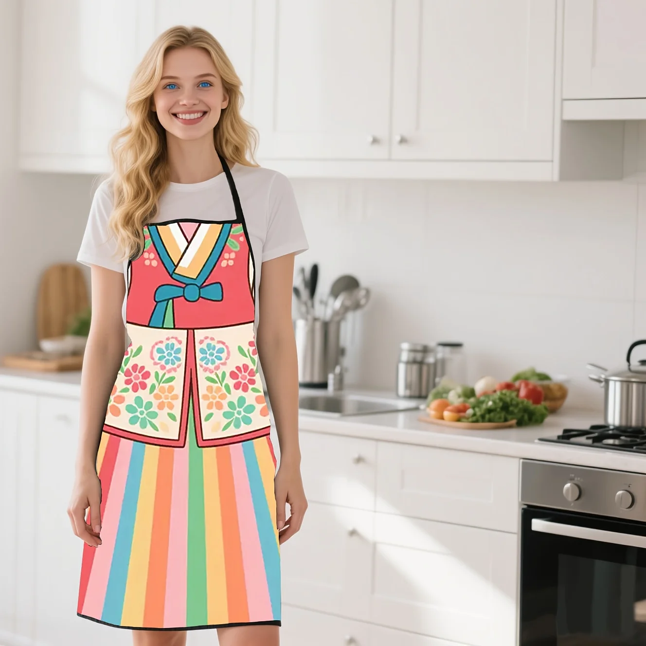 Traditional Hanbok Inspired Printed Apron Vintage Wedding Art Kitchen Cooking Apron for Men and Women