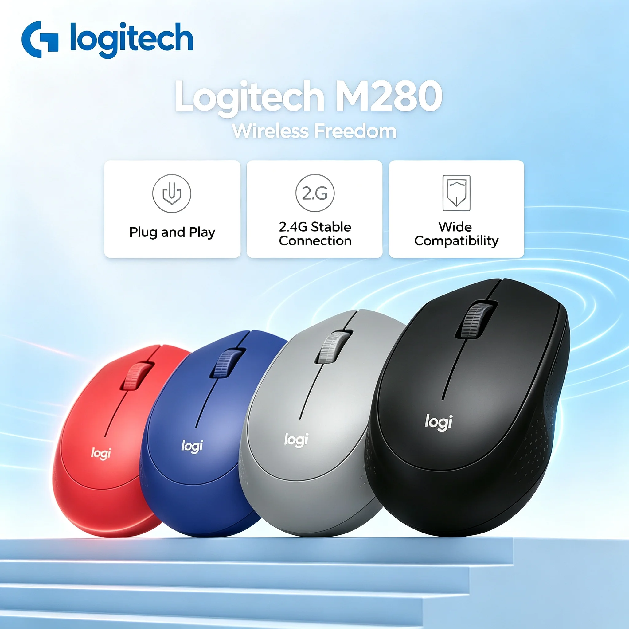 Logitech M280 Ergonomic Office Wireless Mouse, Simple & Minimalist Design, Multiple Color Options Available