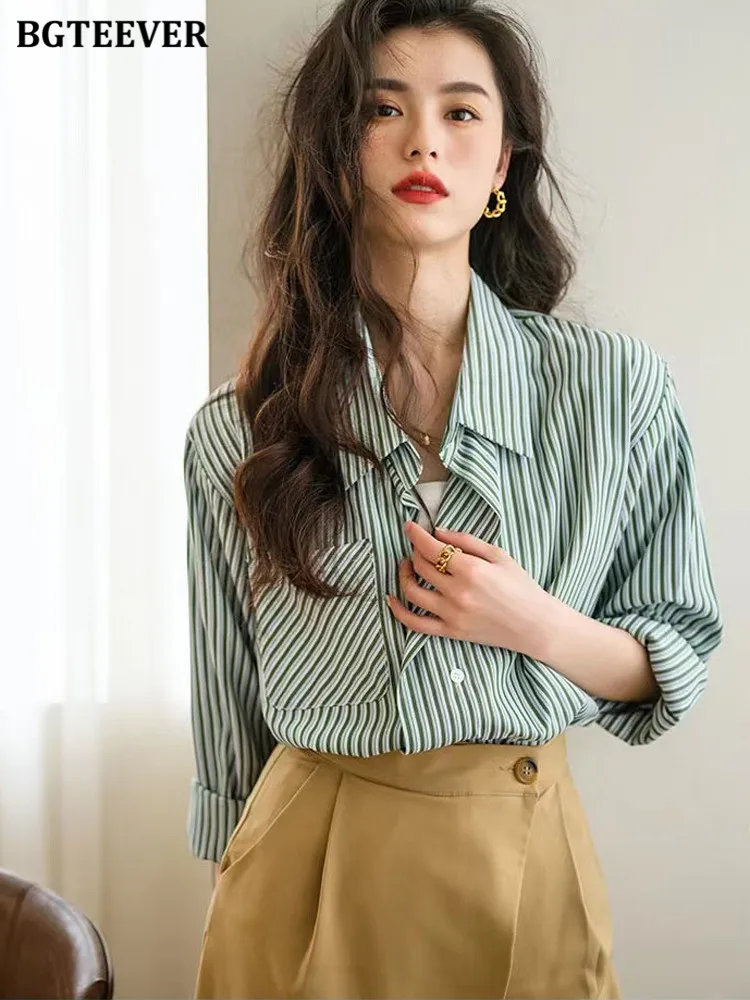 BGTEEVER Stylish Loose Single-breasted Women Striped Shirts Casual Lapel Long Sleeve Ladies Blouses Tops 2022