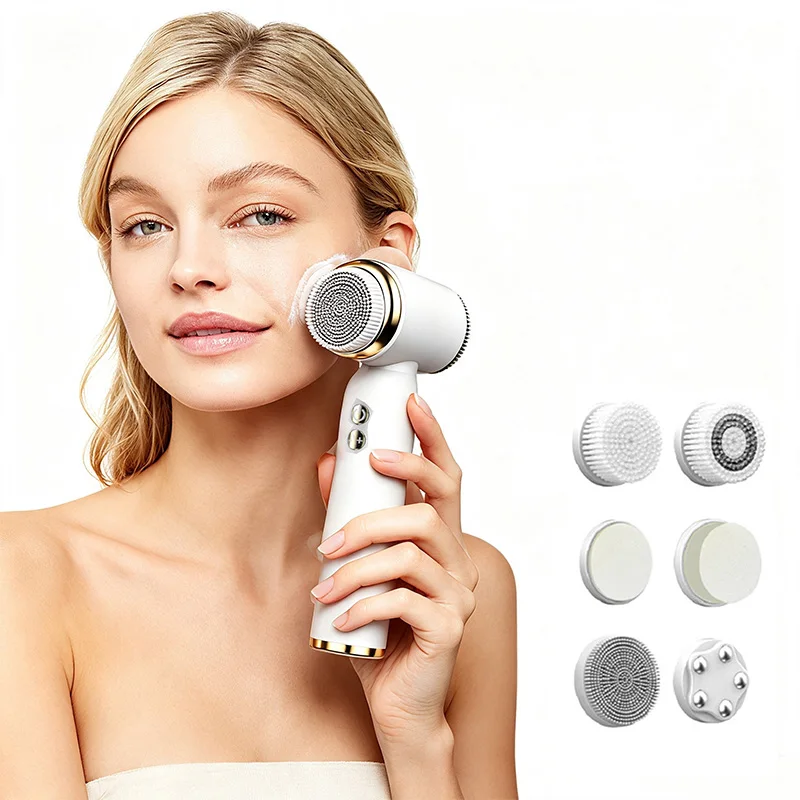 Escova de Limpeza Facial Elétrica Multifuncional 6 em 1 com 3 Velocidades Ajustáveis, Recarregável e à Prova d'Água para Limpeza Profunda dos Poros