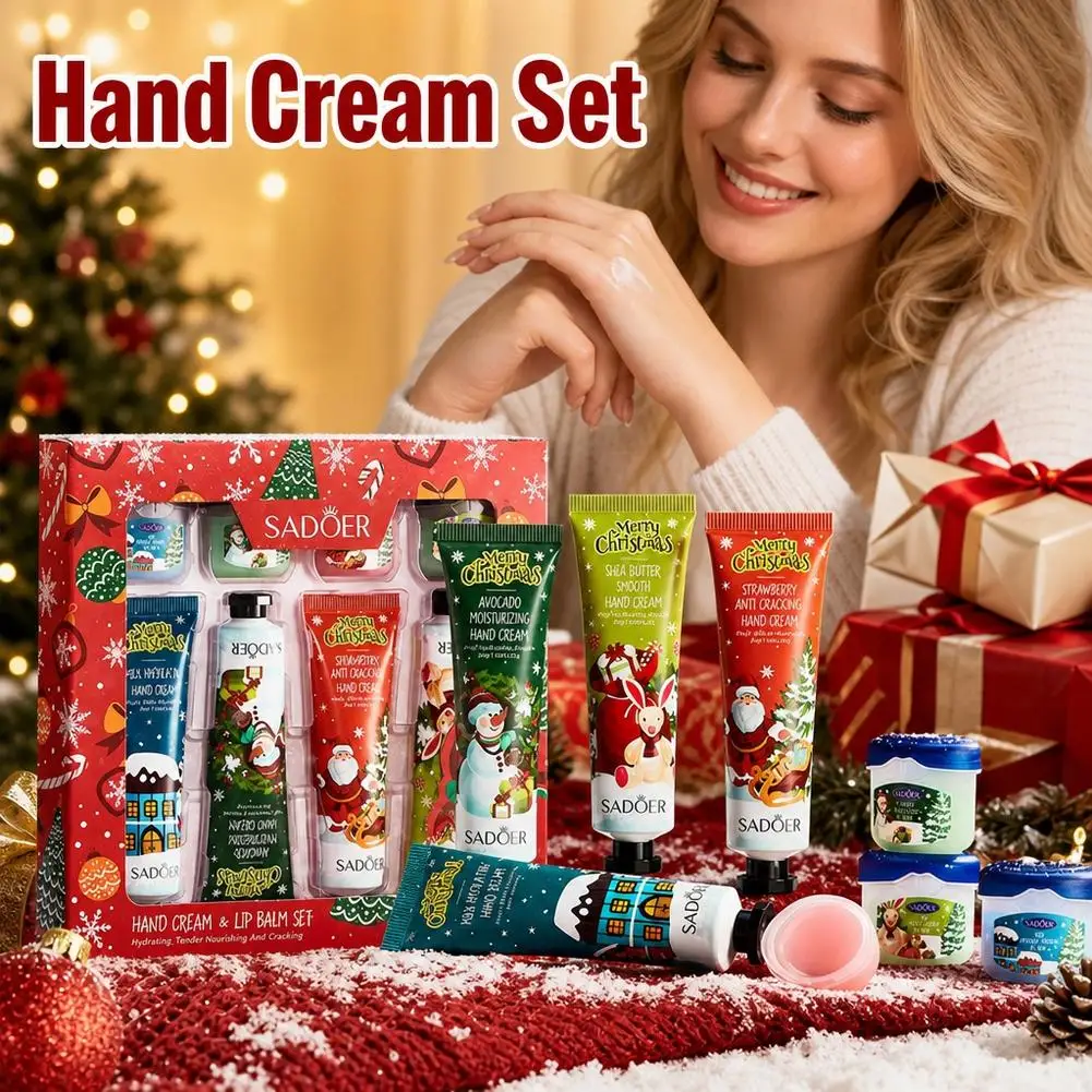 Christmas Hand Lip Care Gift Box, Fruity Fragrance Hand Cream & Lip Balm Set,  Hydrating Anti Dry Crack Skincare Holiday Gift