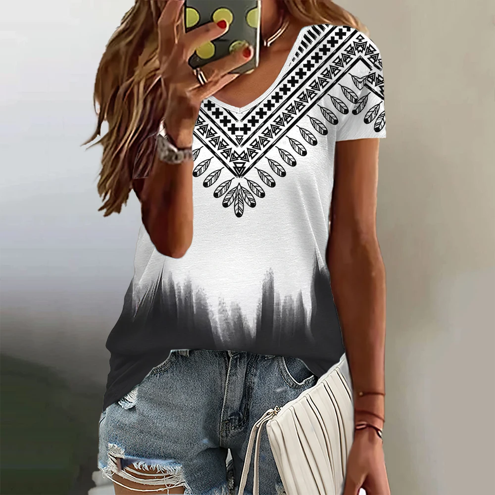 

Женская футболка с градиентным узором, летняя повседневная футболка с v-образным вырезом и короткими рукавами, женская одежда большого размера в стиле Харадзюку, модная блузка для девочек