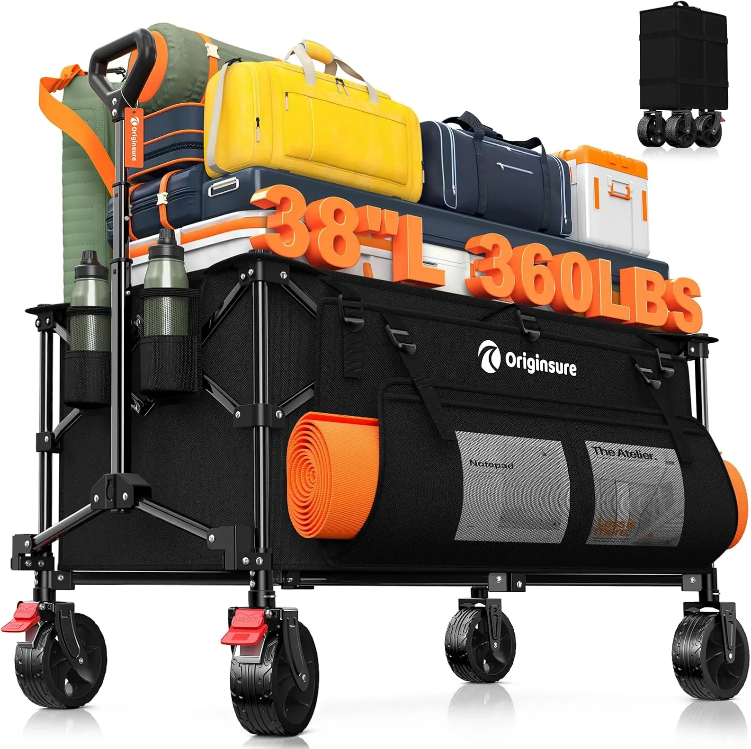 

220L Foldable Heavy Duty Wagon Cart with All-Terrain Wheels for Camping, Beach, Shopping - Black