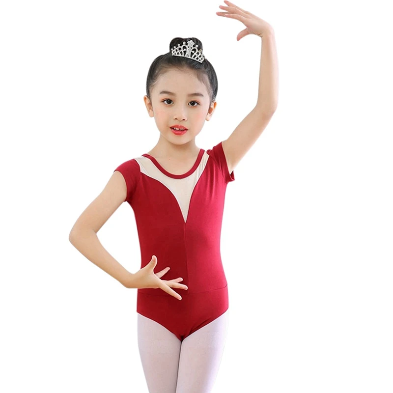 Girls' Sweet Short Sleeve Round Neck Gymnastic Ballet Leotards Cotton Comfort Breathable Dance Ballerina Bodysuit For 4-10 Years