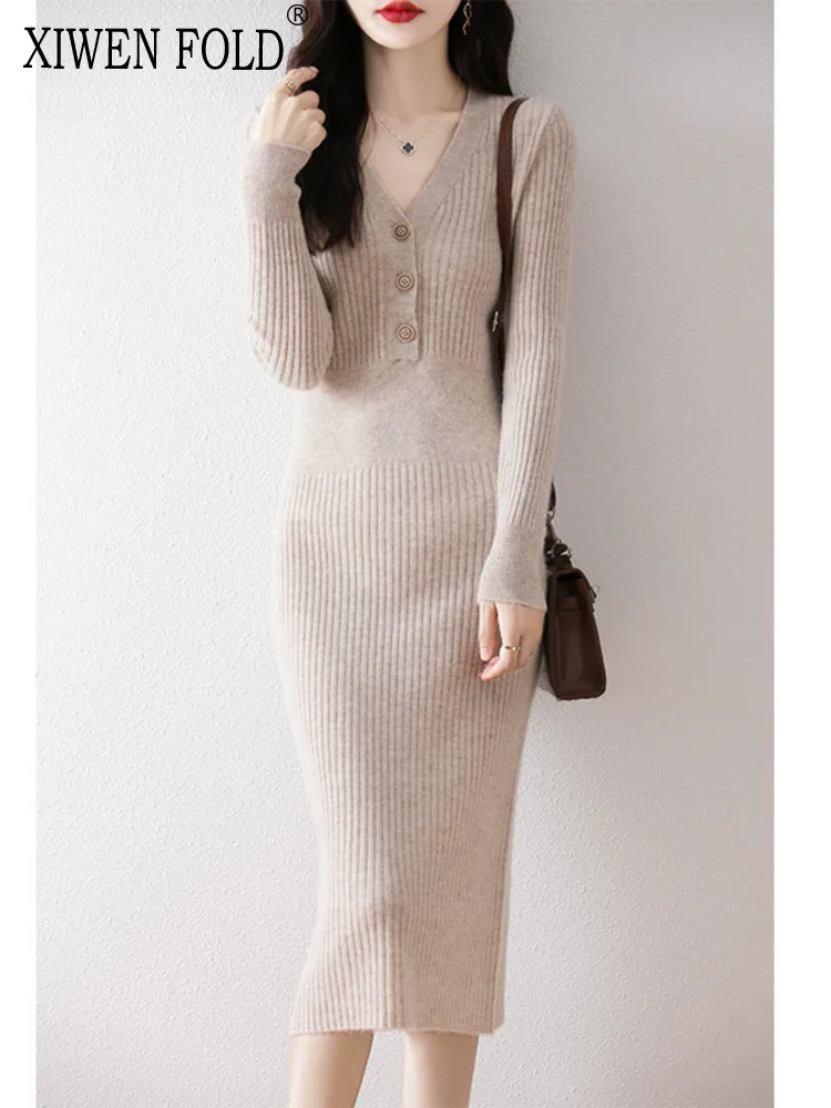 

XIWEN V-neck Woolen Knitted Solid Color High Waist Casual Elegant Fashion Hip Warp Women's Dress 2024 Autumn Winter New XF3136