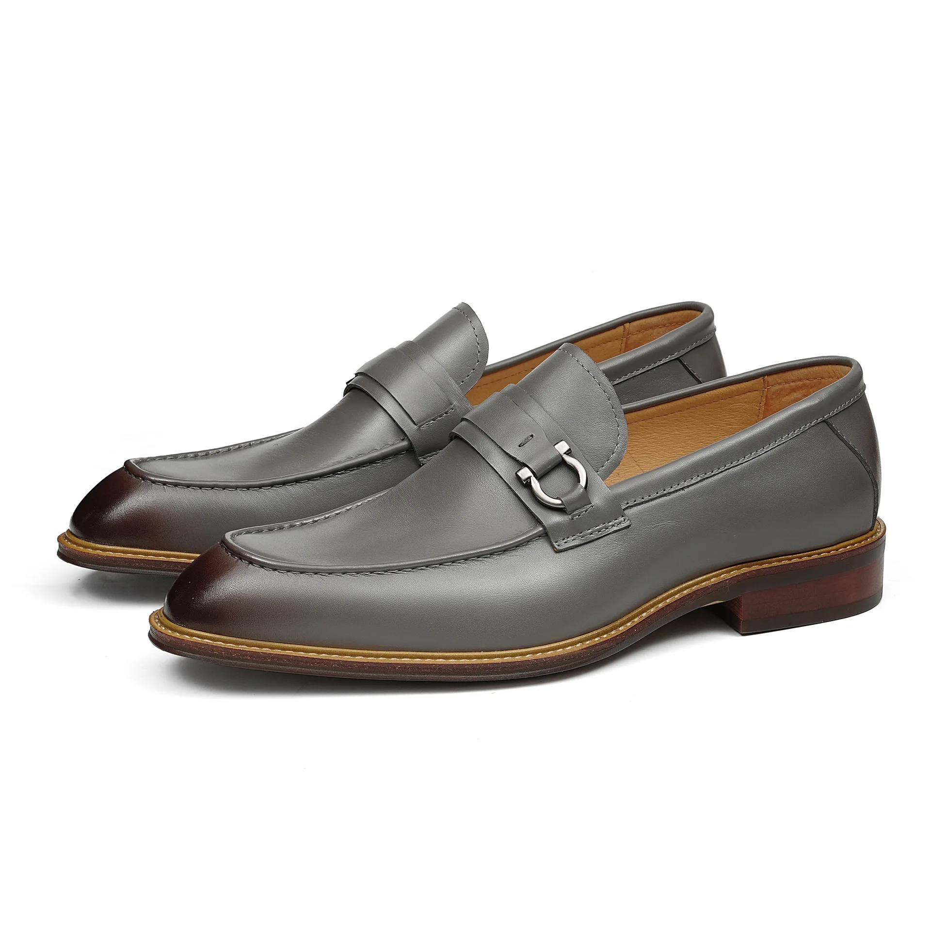 

Burnished Genuine Leather Metal-Bit Loafers for Men Slip-On Casual Dress Shoes with Comfortable Block Heel for Men's Daily Wear
