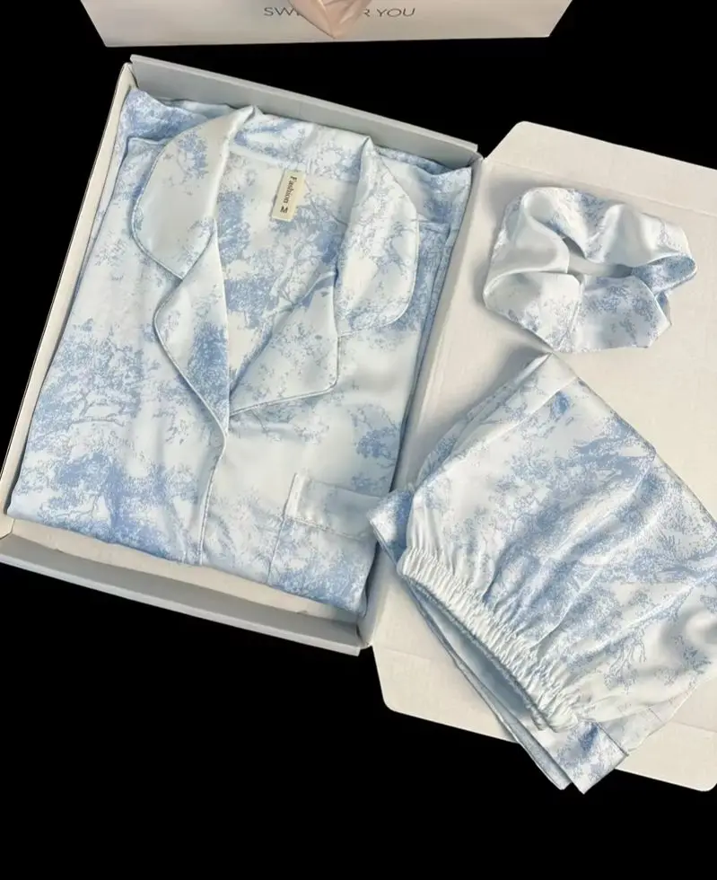 Faux Satin Nightwear 2 Pieces Pyjamas Korean Fashion Sleepwear Casual Pajama Set with Shorts Soft Smooth Ink Painting Outfits