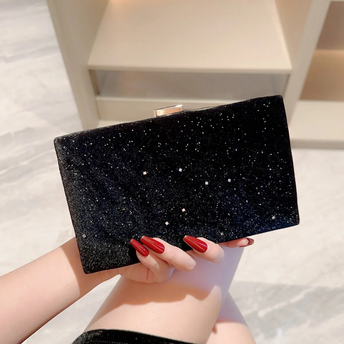 

Bling Diamond Black Box Clutches Wedding Party Evening Bag For Women Silver Color Chain Shoulder Bag Crossbody Prom Handbags