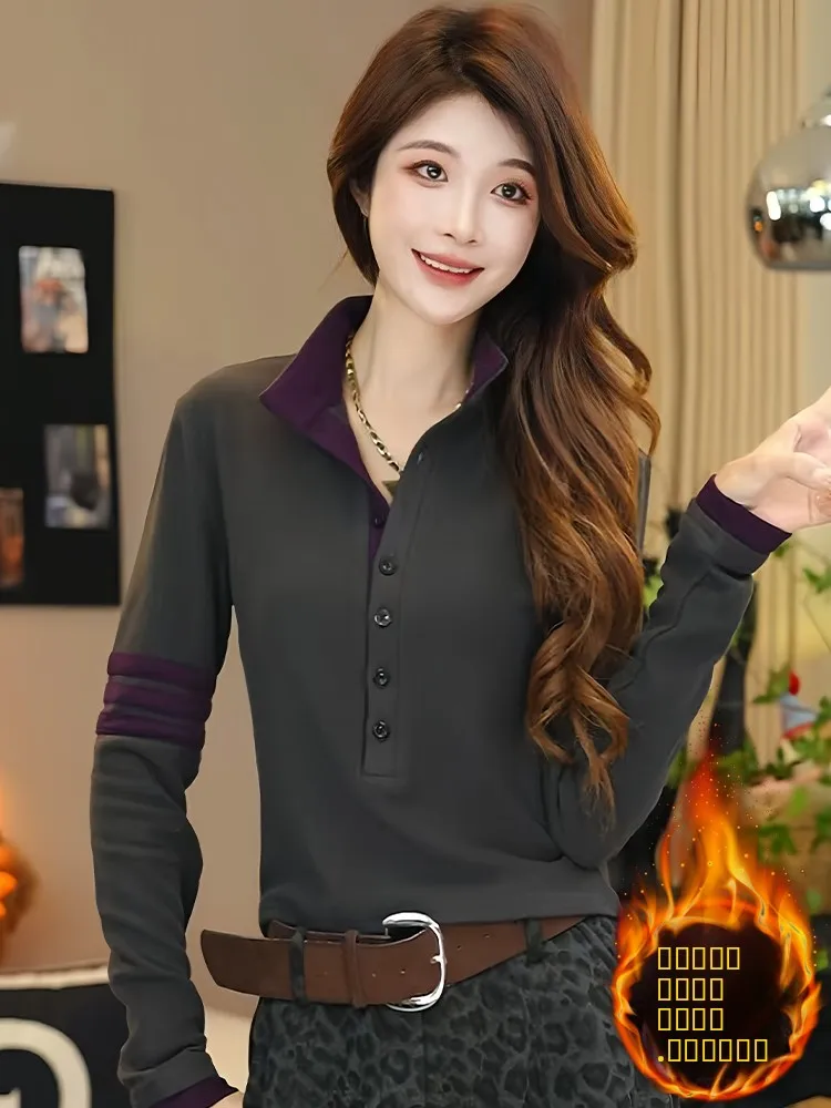 Dwustronny T-shirt z długim rękawem, damski, modny, z blokami kolorów, przeciwstarzeniowy, do pracy, styl koreański...