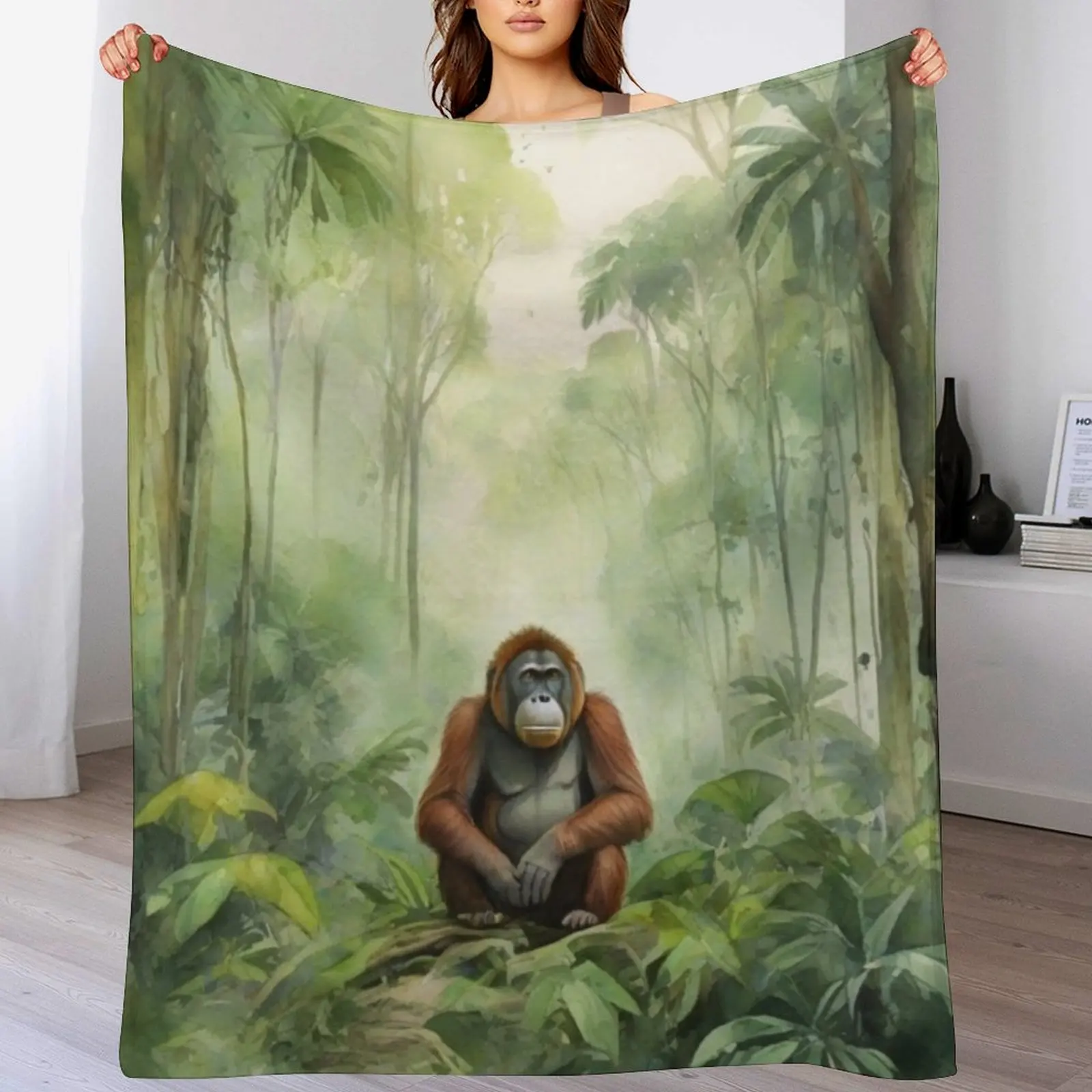 orangutan in Green forest_watercolour Throw Blanket Blankets For Sofas blankets ands Blankets