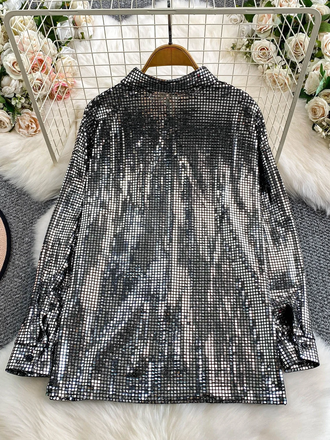 Ele الثقيلة المعادن الترتر الوقوف طوق irt المرأة فضفاضة التخسيس ملابس خارجية لأداء المرحلة الشتاء Faion السيدات #4