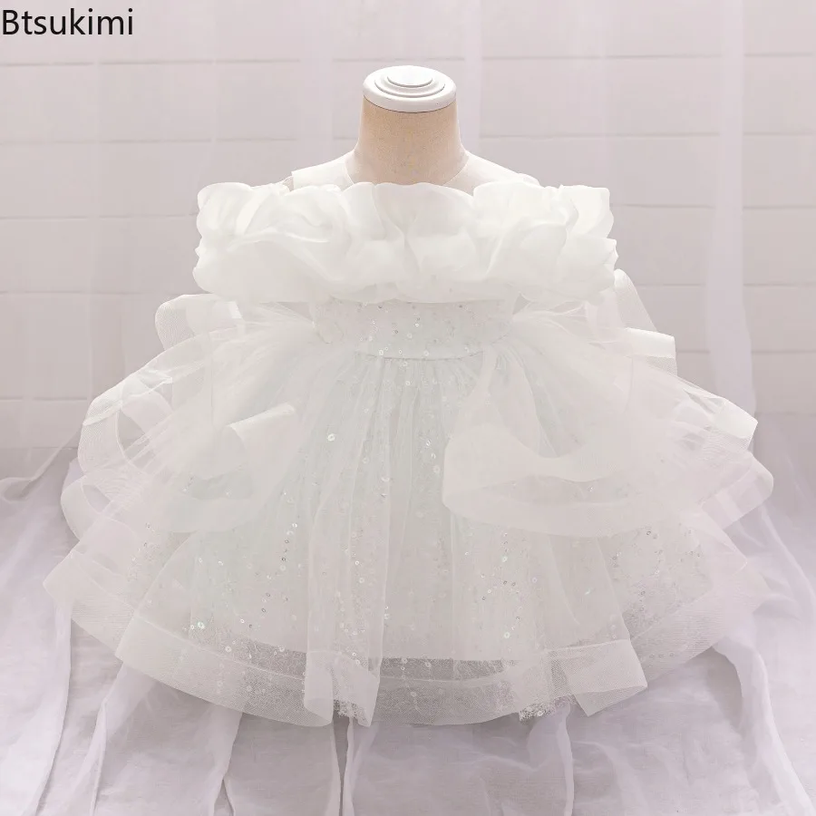 New Solid Color Puffy Flower Princess Dress for Toddler Girls Tulle Baptism Wedding Birthday Party Prom Bridesmaid Kids Costume