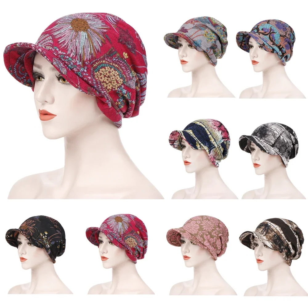 Fashion Female Hat with Brim Floral Muslim Turban for Women Cotton Arab Indian Hat Underscarf Caps Turbante Mujer Chemo Hat