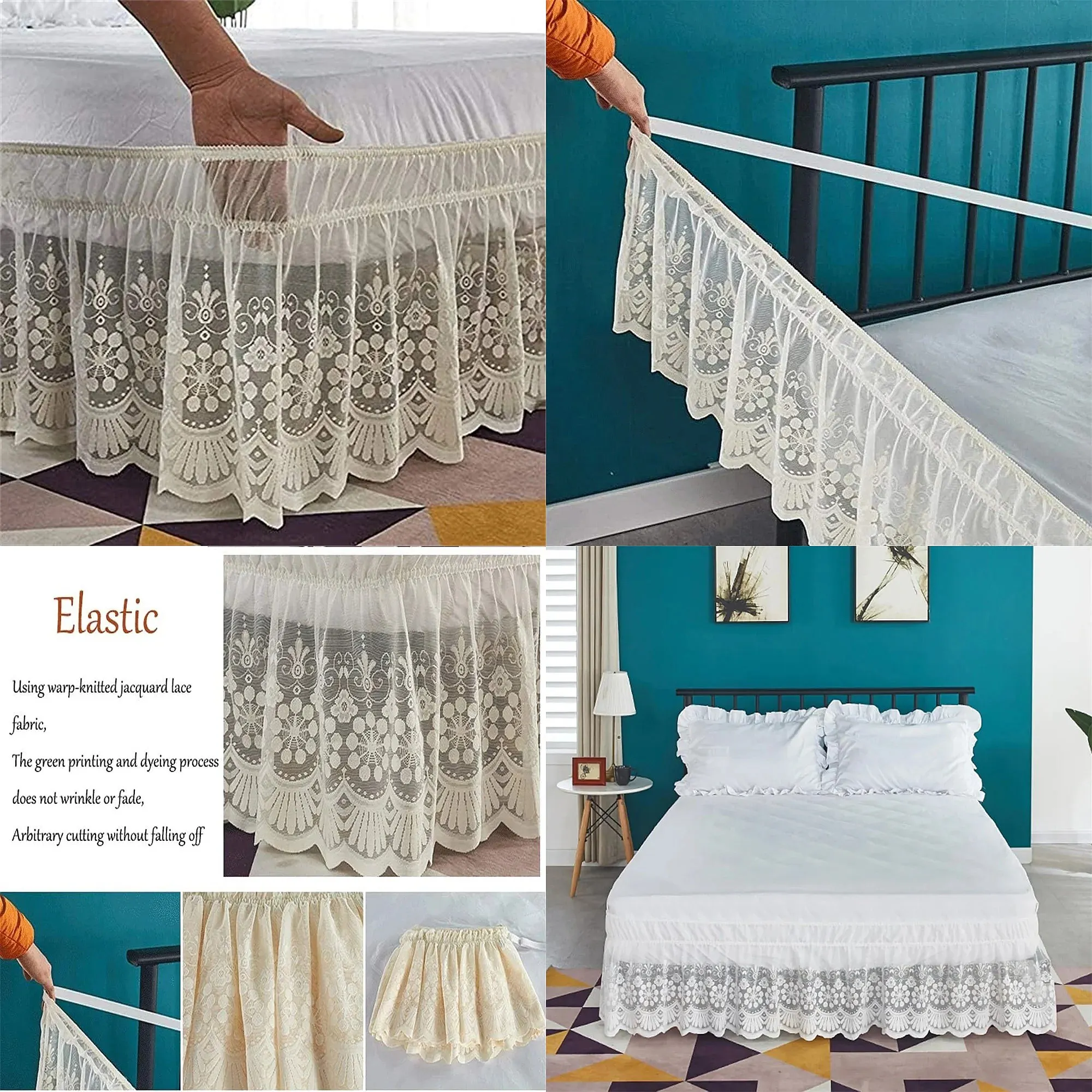 15 Inch Ruffled Lace Bed Skirt with Elastic Belt Anti Wrinkle Fade Resistant Fabric