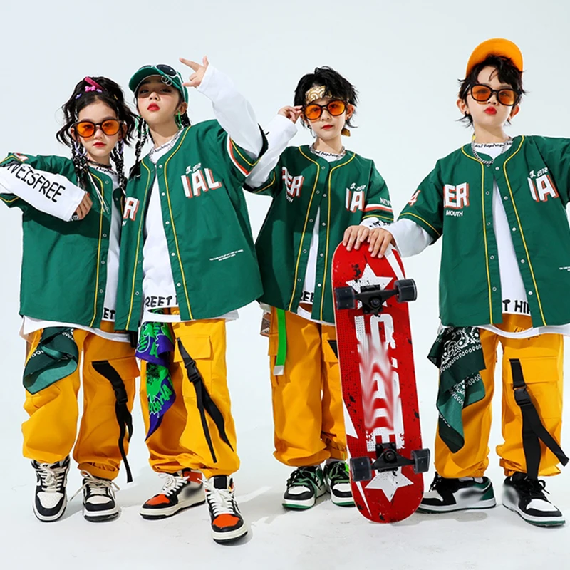 Street Dance Children Clothing Hip Hop Green Shirt White Top Yellow Jogger Pants Boy Girl Jazz Stage Show Outfit Streetwear 1471