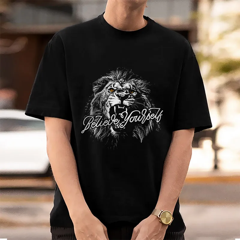 Black Loose Fit Men's Cotton T-Shirt with African Lion Print and Round Neck for Summer