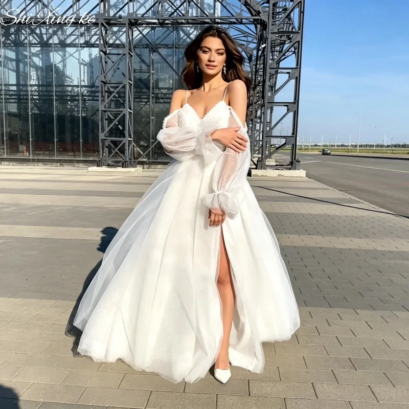Boho Tulle Wedding Dress 2026 V Neck Detachable Puff Sleeves Open Back High Slit Vestidos De Novia Customized