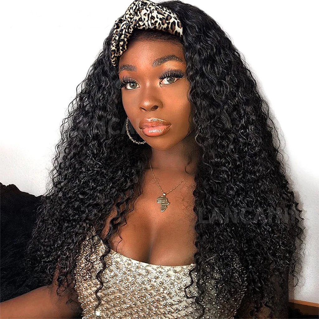 Mongolian Kinky Curly Headband Wigs Human Hair Deep Wave Wigs for Black Women Remy Hair Full Machine Made Wig 180% Yarra Wig On Clearance Sale