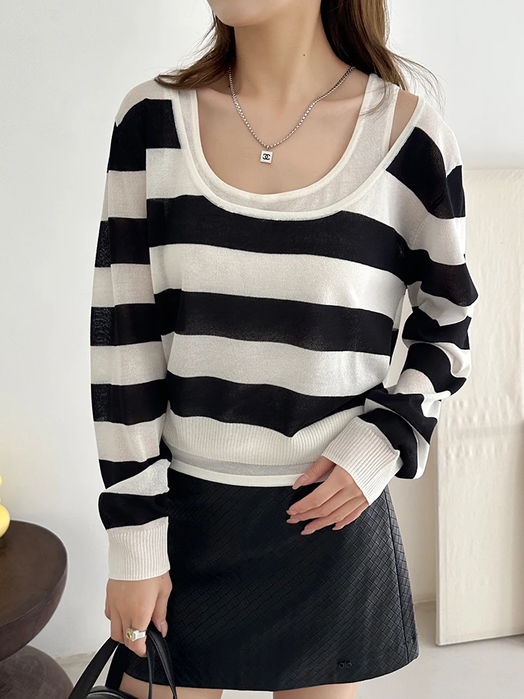 

Bla White Striped oulder Bared Long Sve Вязаный комплект из двух предметов Женский приятный для кожи дышащий микро-широкий крой Meat Cov...