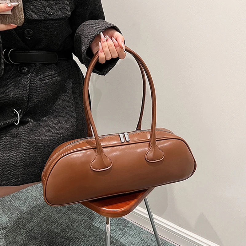 Korean Review Women\'s PU Leather Shoulder Bag Fashion Handbag Solid Color Long Underarm Bag Luxury Design Handbag Bolsa