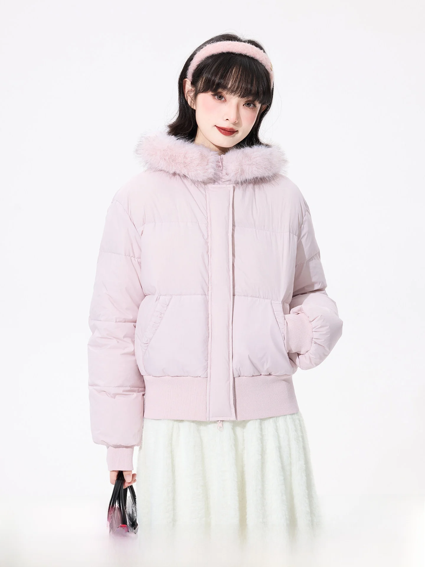 

Sweet Cool Grey Pink Short Detachable Fur Collar Hooded down Jacket Original Star Sequence Words Warmth Ladies Fashion Coat