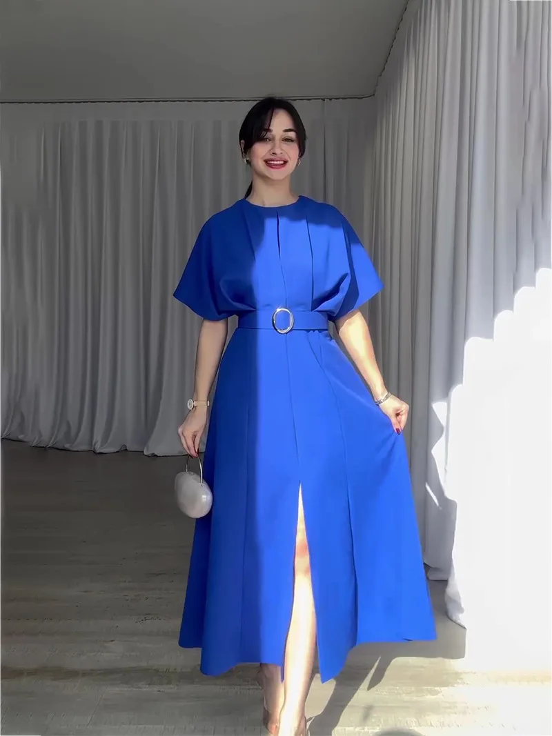 2024 new solid color fashion round neck short sleeve slim-fit long skirt dress