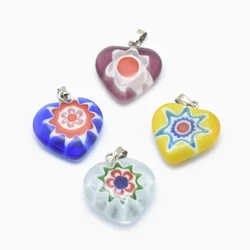 10pcs Millefiori Glass Lampwork Heart Charm Flower Design with Brass Findings for Jewelry Making Necklace Earrings DIY Crafts