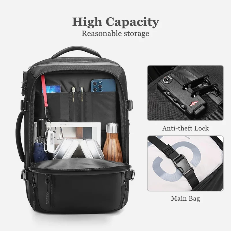 Mochila de Negócios Impermeável Para Homens, Sacos De Viagem Anti-Roubo, Maleta Conversível, TSA Lock, 180 Graus, 15,6"