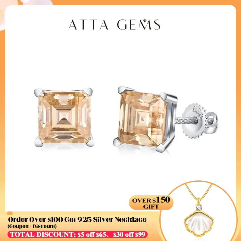 ATTAGEMS Silver 925 Earring Yellow Moissanite Screw Back Stud Square Stud Earrings For Women  Princess Cut 5*5MM Jewelry 귀걸이