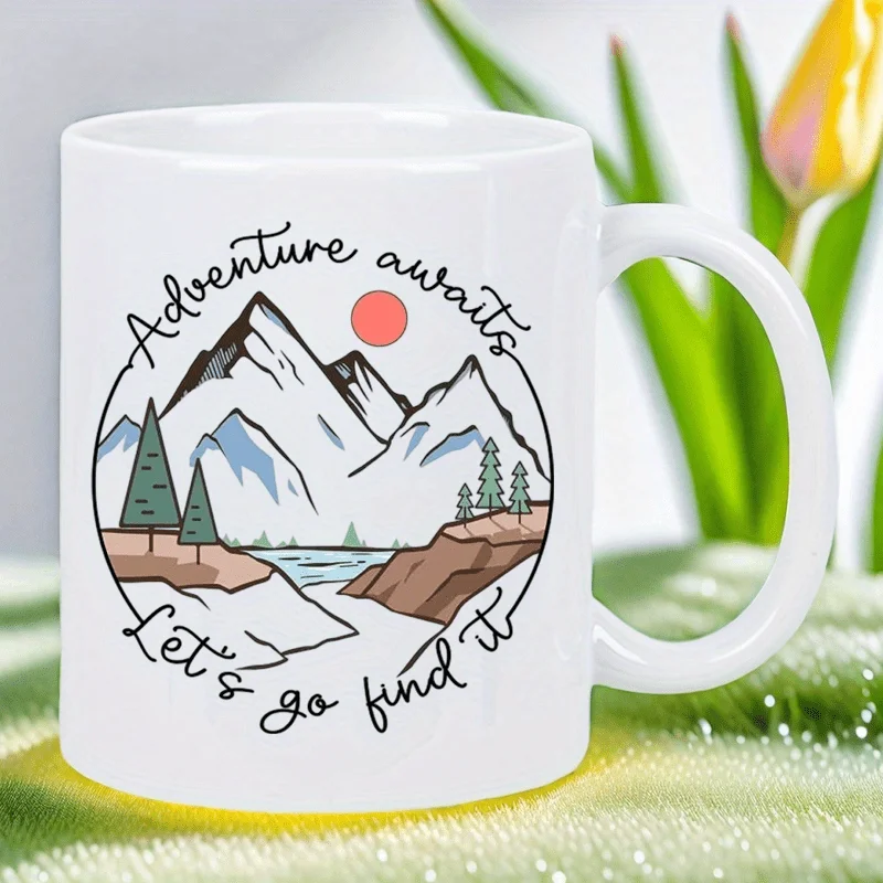 

Adventure Awaits Ceramic Coffee Mug - Reusable, Hand-Wash Only, Insulated White Cup with Mountain & Lake Design, Perfect for Nat