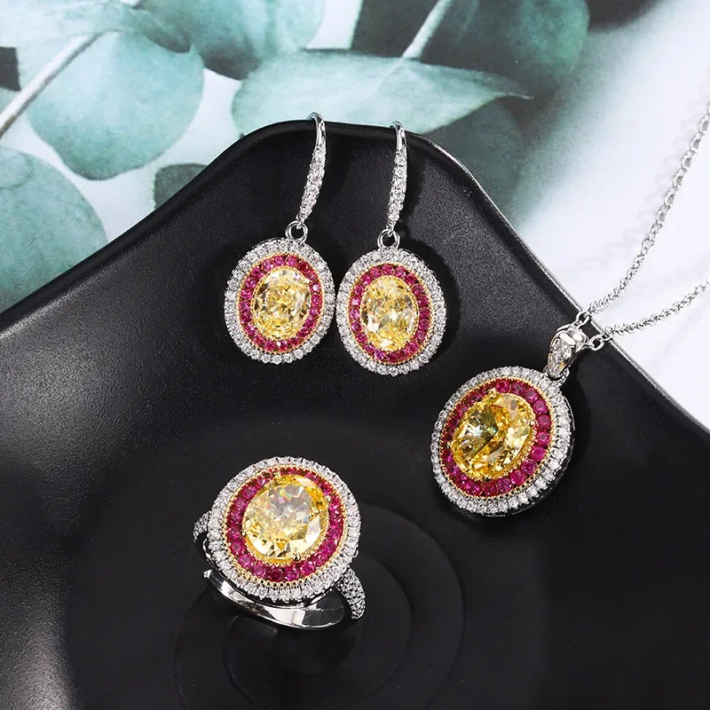 

New High-end Jewelry Gemstone High Carbon Diamond Ice Flower Cut Yellow Diamond Temperament Retro Set 8*10-6-*8 Jewelry