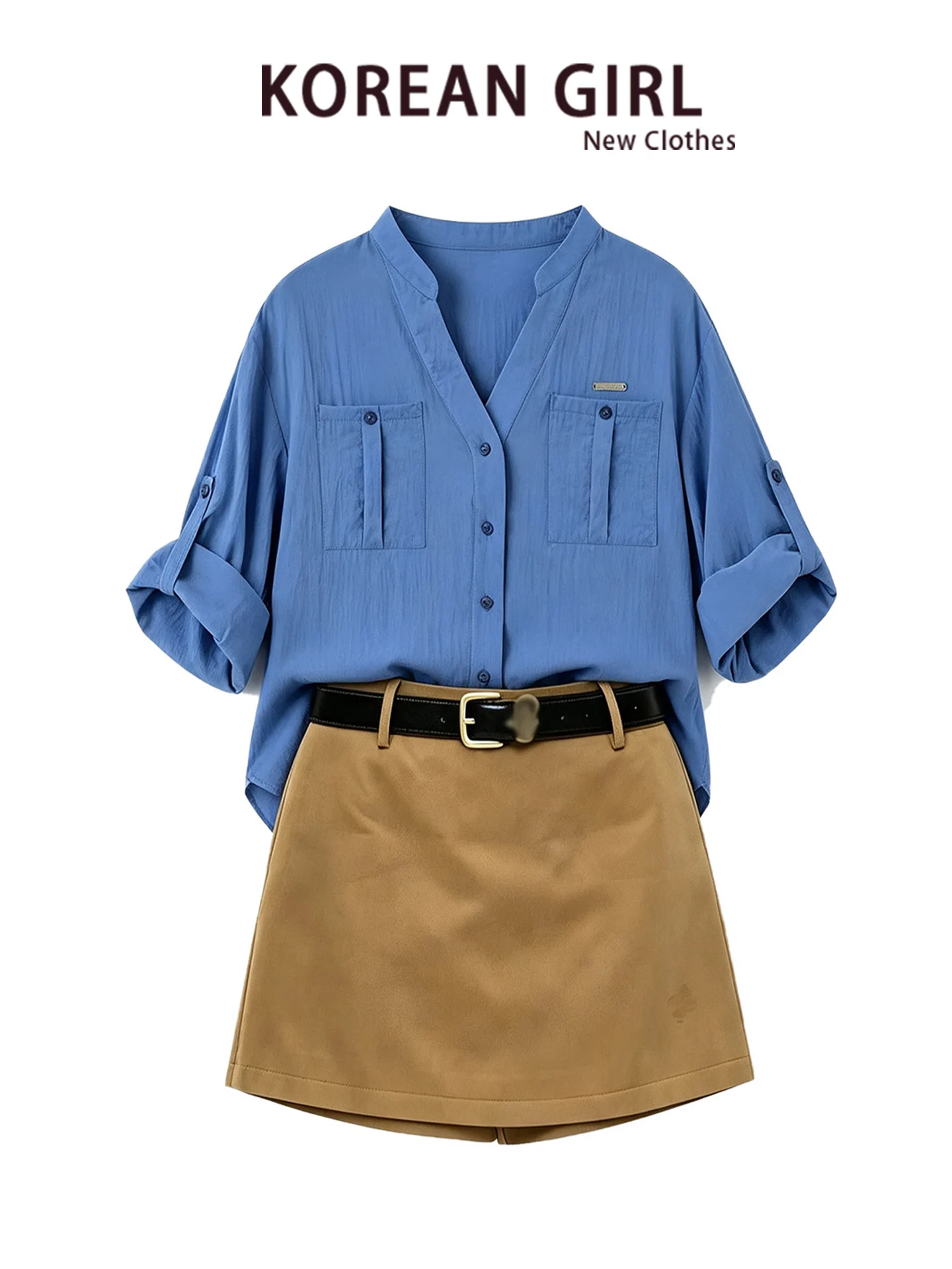 Korean High-End Klein Blue Women's Loose Long Sleeve Shirt Autumn Fashion Set with Half Skirt Casual Style Breathable Light W...