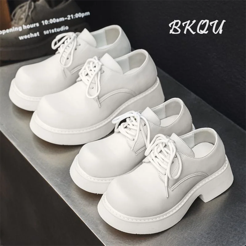 BKQU White Derby Shoes Men's Classic 2024 High-quality High-grade Fashion Casual Large Head Shoes Commuter Thick Sole Increase