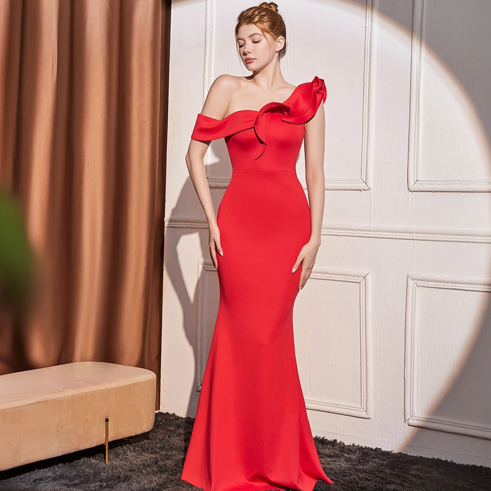 DEERVEADO Elegant Mermaid One Shoulder Soft Satin Evening Dress for Woman Off Shoulder Formal Occasion Dress Prom Party Dresses