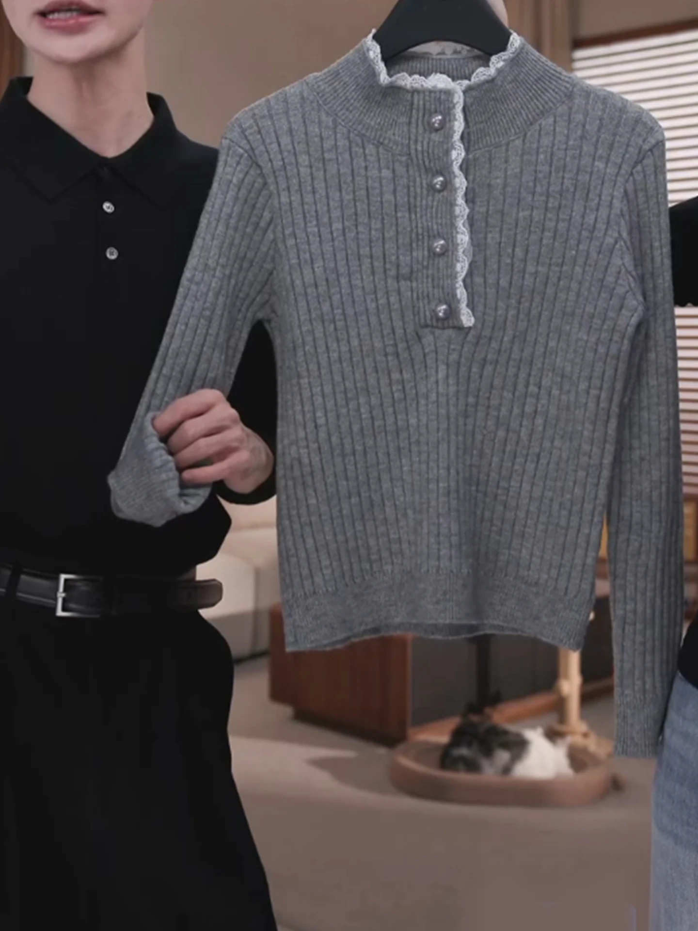 Maglione lavorato a maglia coreano Sle Long Sve con finiture in pizzo e colletto aperto, top dimagrante per il pendolarismo invernale Faion