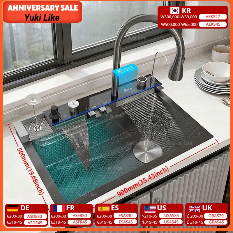 

Многофункциональная кухонная мойка из нержавеющей стали с цифровым дисплеем и смесителем-водопадом, большая одинарная чаша для мытья посуды и овощей