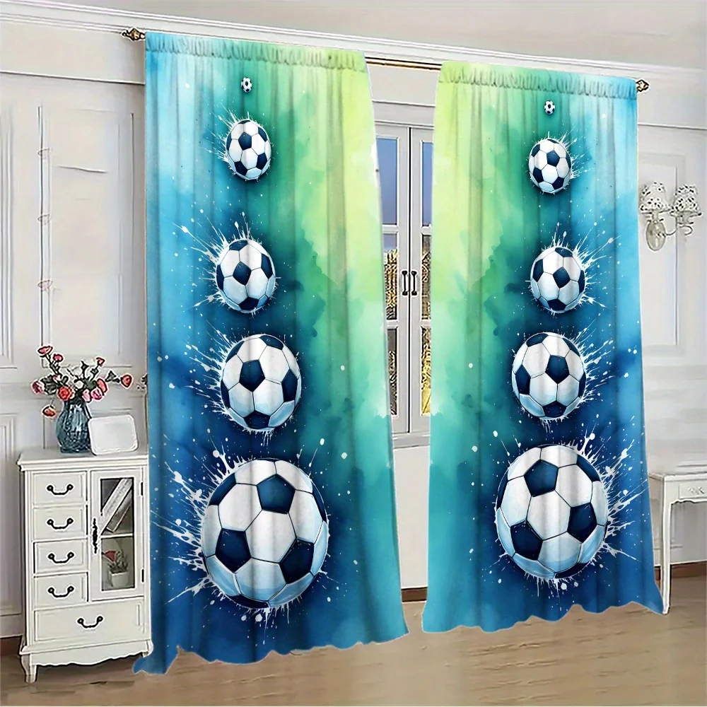 3D Soccer Ball Curtains, Football Sports Print Drapes, Kids Boys Bedroom Window Treatment, Blue Green Gradient Home Decor