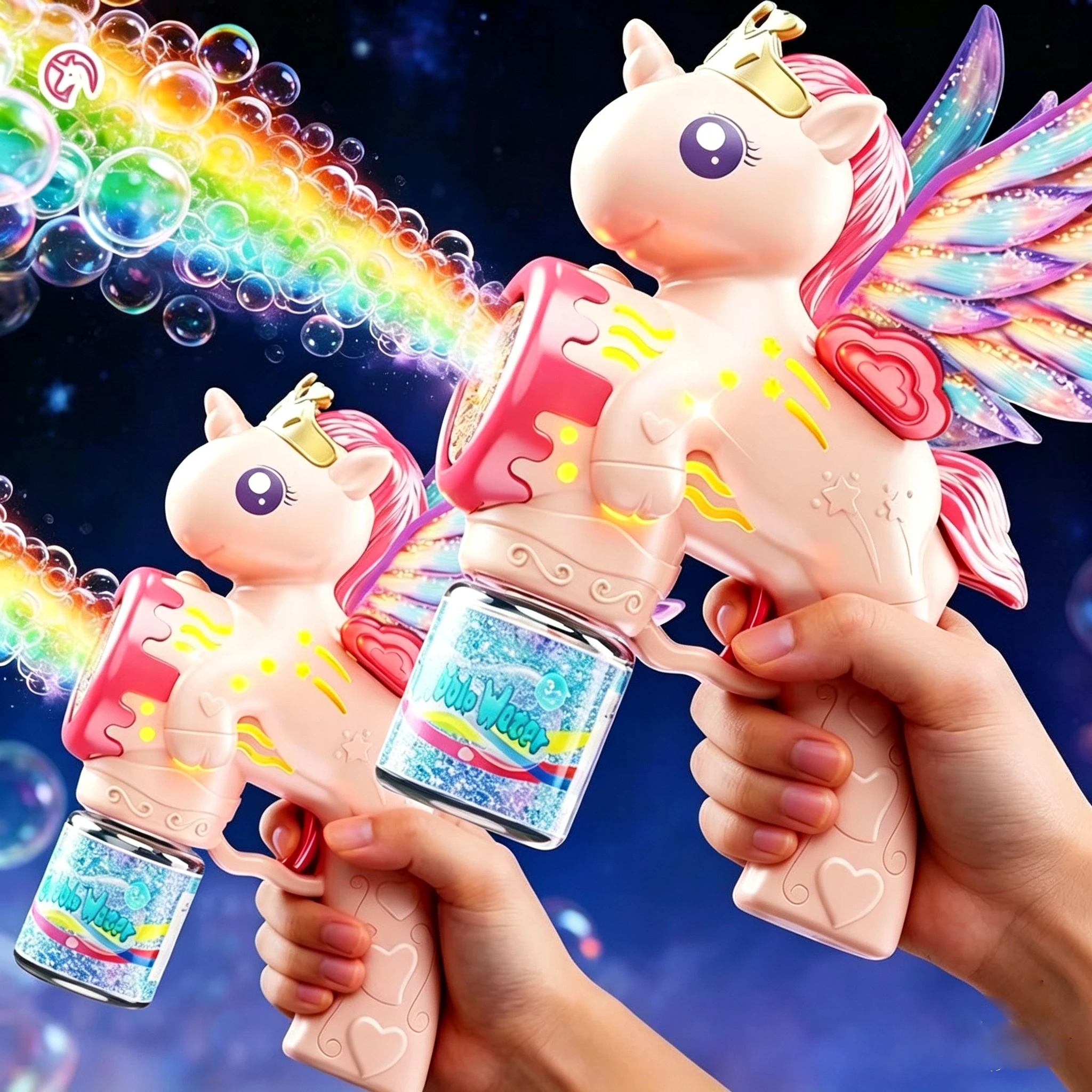 Pistola de Bolhas Elétrica de Unicórnio Cavalo Voador, Soprador de Sabão Automático Colorido e Poroso com Luzes, Brinquedo de Verão para Meninos e Meninas ao Ar Livre