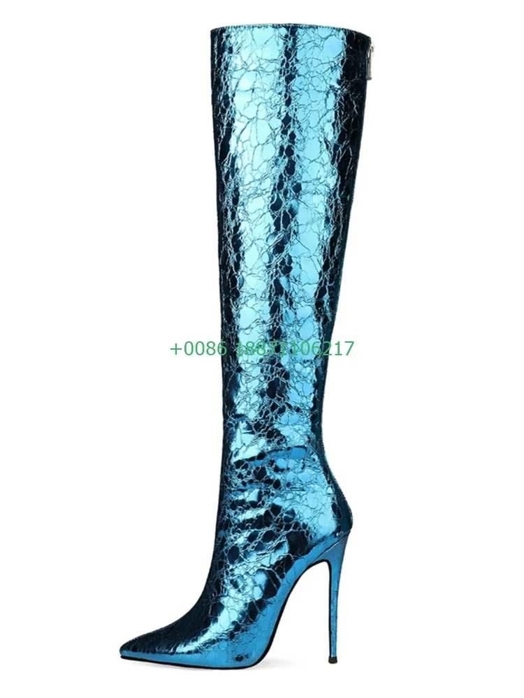 Blue Cracked Sexy Ladies Boots 2024 Autumn New Pointed Luxury Party Catwalk Knee-High Stiletto Boots Fashion Casual Zipper Boots