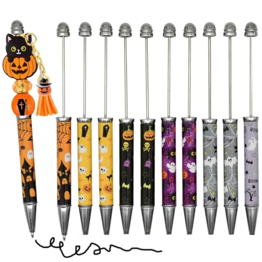 

12 PCS Halloween Beadable Ballpoint Pens Retractable Bead Pen DIY Shaft Beaded Pens Pumpkin Bat Skull Ghost Witch Hat Style Met