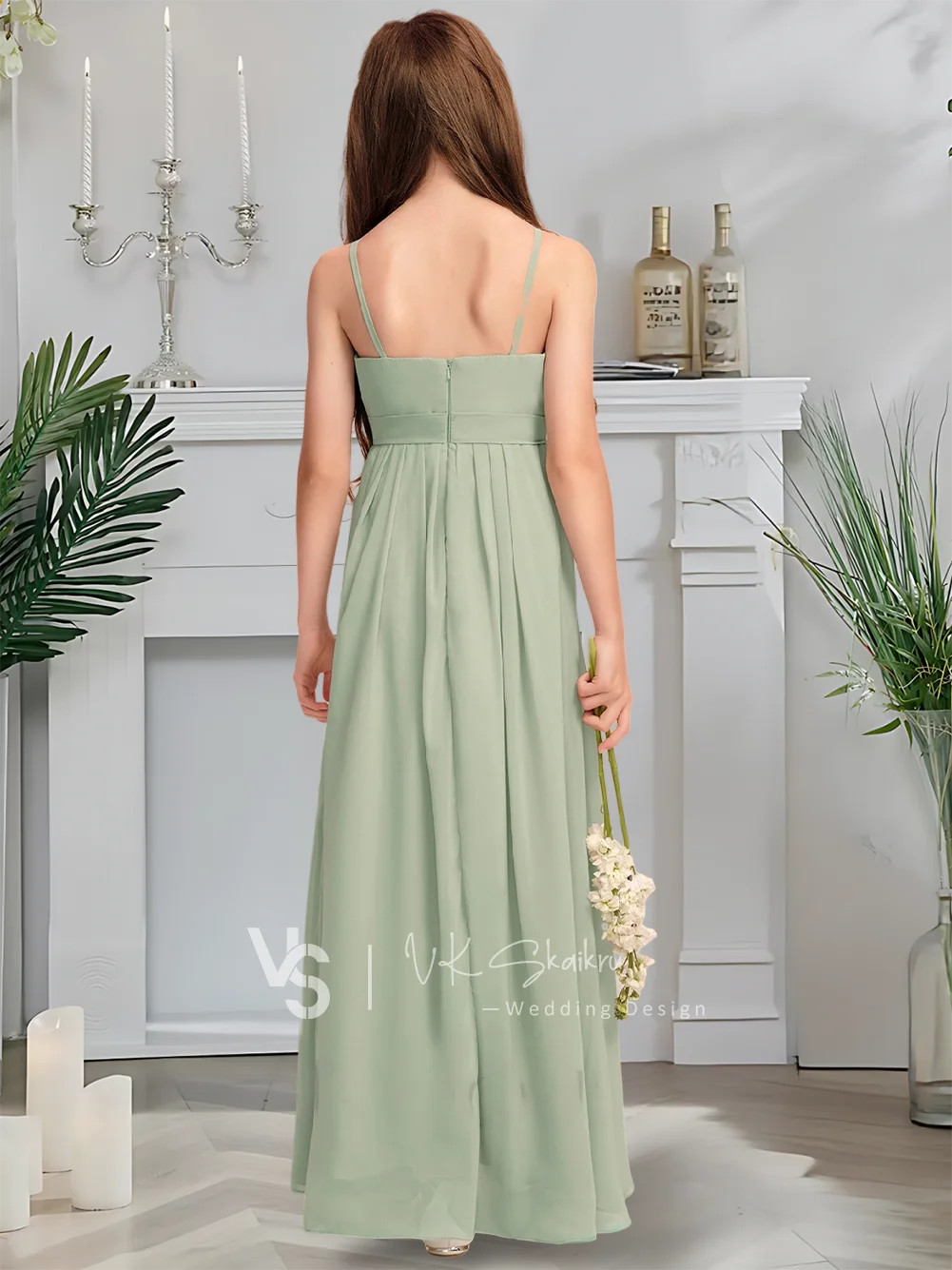 Gaun Pengiring Pengantin Junior A-Line Panjang Lantai Mewah Sifon Leher Sendok dengan Gaun Gadis Bunga Pistachio Ruffles Bertingkat