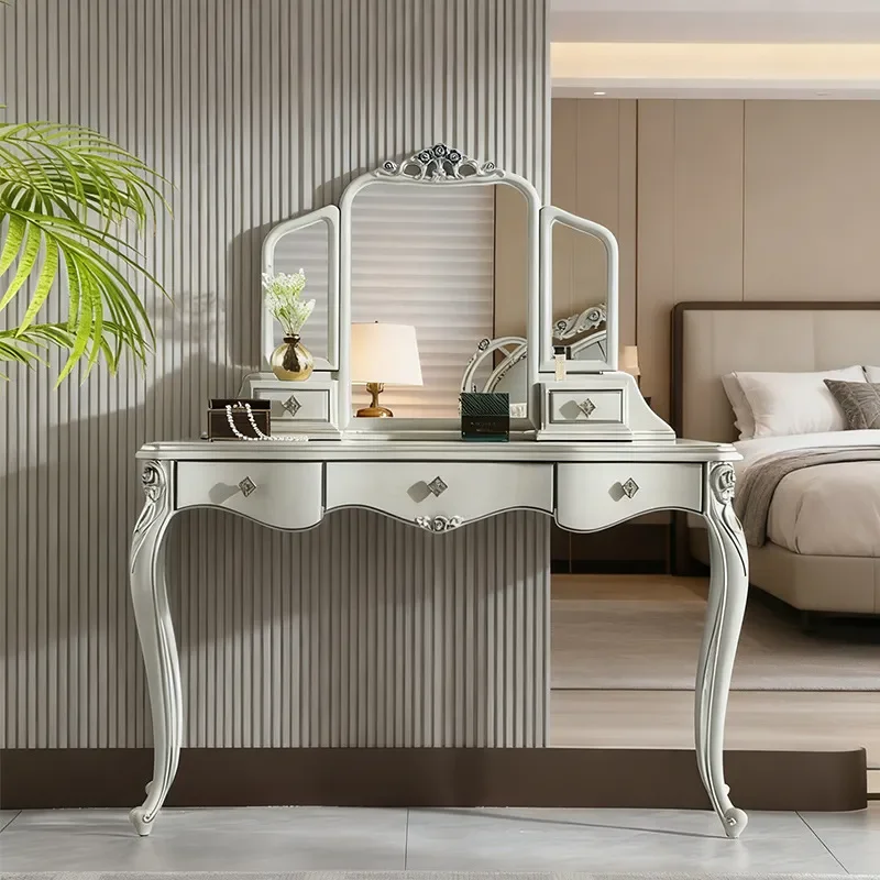 for French Dressing Table and Stool Set Luxury European Solid Wood Carved Flower Makeup Desk with Mirror Light Solid Wood