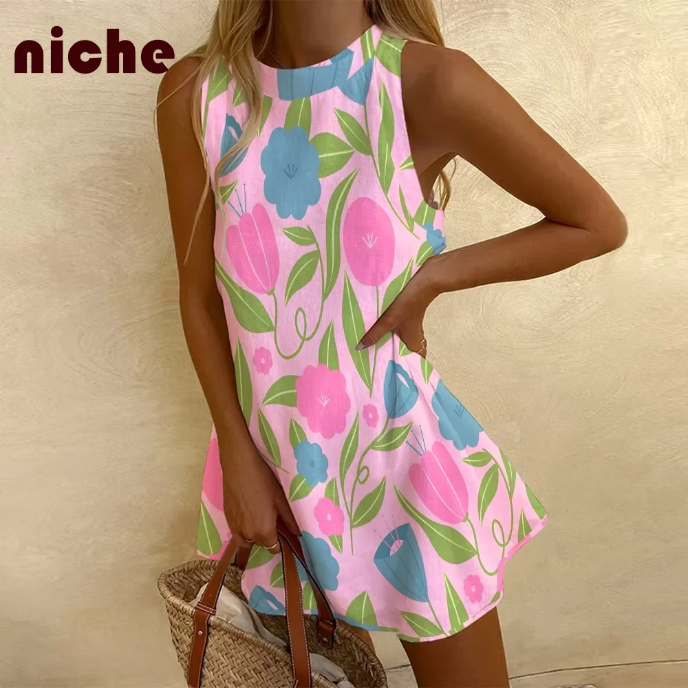 

Y2K Style Sleeveless Dress for Women, Pink, Tulip Flower, Graphic Printing, High Quality, Soft, Fishtail Dresses, New Trend