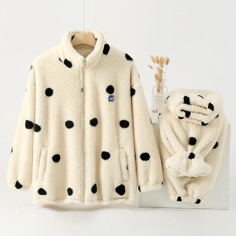 Winter warm women's pajamas flannel thick zipper cardigan, can wear double-sided velvet home clothes two-piece set