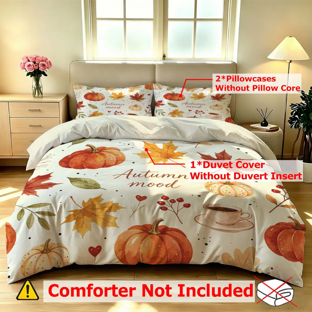 3PCS Duvet Cover Set Autumn Mood Pumpkin Maple Leaf Coffee Fall Theme Bedding Set Warm Cozy Bedroom Decor
