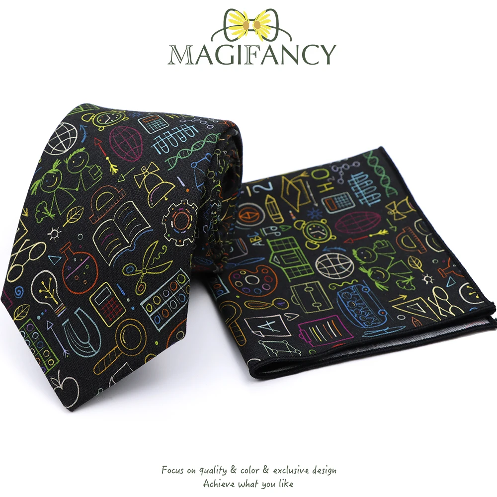Cotton 8cm Tie Hankie Sets Math Science Astronomy Physical Chemistry Men College Academy Institute School Cosplay Gift Accessory